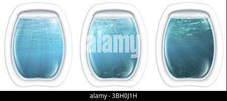 Trois hublots de hublot de navire sous-marin sous-marin sur fond bleu sous-marin avec rayons de soleil et espace de copie. Fond sous-marin. Conc. Voyage Banque D'Images
