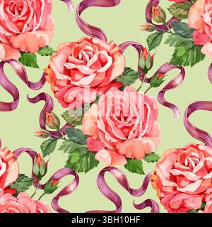 Motif aquarelle Red Roses sans couture. Motif dessiné à la main de style vintage. Banque D'Images