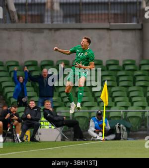 Aviva Stadium, Dublin, Irlande. 6 juin 2025. International Football Friendly, la République d'Irlande contre le Sénégal ; Kasey McAteer d'Irlande célèbre avoir marqué le but d'ouverture pour 1 à 0 à la 21e minute crédit : action plus Sports/Alamy Live News Banque D'Images