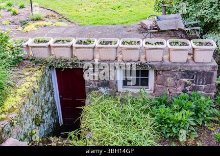 Le Springhouse et les pots de fleurs sur une soirée d'été, comté de York en Pennsylvanie Banque D'Images