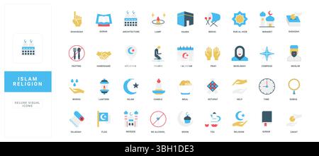 Ensemble complet d'icônes plates représentant les concepts de religion islamique, les rituels et les symboles pour les projets éducatifs, culturels ou de conception, idéal pour l'apprentissage et les présentations illustration vectorielle Illustration de Vecteur