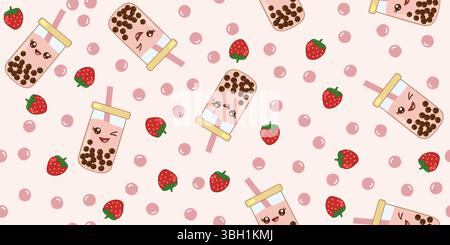 Thé à bulles Kawaii avec des perles de fraise et de boba, motif sans couture sur fond rose, illustration vectorielle Illustration de Vecteur