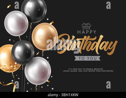 Carte d'anniversaire élégante avec des ballons dorés, argentés et noirs sur un fond sombre Illustration de Vecteur