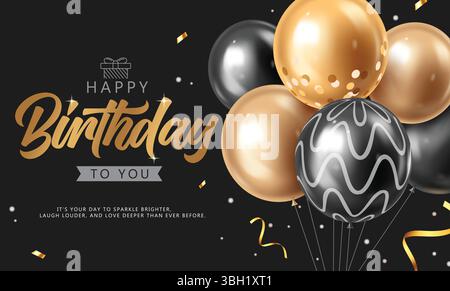 Design de carte d'anniversaire élégant avec ballons dorés et noirs avec des confettis sur fond noir Illustration de Vecteur