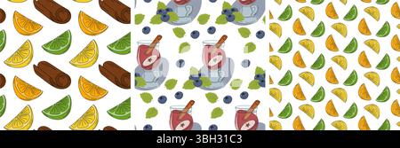 Tranches d'agrumes et vin chaud dans une tasse en verre et des motifs sans couture de myrtilles Bundle fruits fond. Illustration vectorielle isolée cartes saisonnières fond, dépliants, bannières, étiquette de prix, affiche, etiquette Illustration de Vecteur
