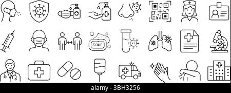 Pack d'icônes de la ligne de prévention médicale et pandémique. Illustrations vectorielles pour la sensibilisation à la santé. Illustration de Vecteur