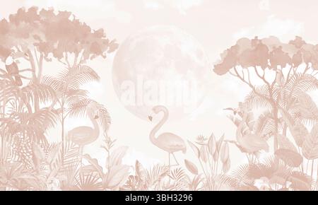 Dreamy nature murale : tons roses subtils, flamants roses et oiseaux dans la forêt tropicale Banque D'Images