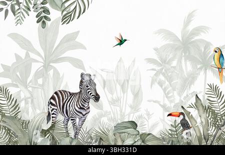 Fresque sauvage minimaliste : zèbre doux, oiseaux dans la forêt tropicale verte douce Banque D'Images