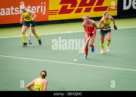 Amsterdam, pays-Bas. 07 juin 2025. AMSTERDAM, PAYS-BAS - 7 JUIN : Felice Albers, des pays-Bas, se bat pour la possession avec Claire Colwill, de l'Australie, lors du match de la FIH Hockey Pro League 2025 entre les pays-Bas et l'Australie au stade de Wagener le 7 juin 2025 à Amsterdam, aux pays-Bas. (Photo par Andre Weening/Orange Pictures) crédit : Orange pics BV/Alamy Live News Banque D'Images