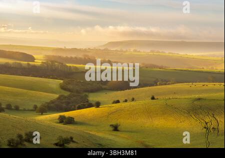 La lumière du matin illumine les South Downs à Ditchling Beacon Banque D'Images