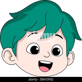 Illustration de dessin animé mignonne d'un visage de garçons heureux avec des cheveux verts, de grands yeux et une bouche souriante ouverte Illustration de Vecteur