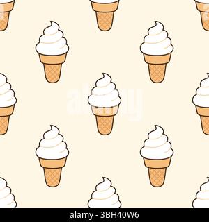 Illustration vectorielle de modèle sans couture de cône de crème glacée à la vanille. Fond répétitif d'été avec crème glacée de gaufrette soft-serve. Nourriture Illustration de Vecteur