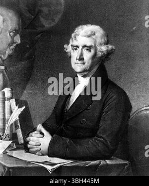 Thomas Jefferson, 3e président des États-Unis, père fondateur, portrait illustration noir et blanc des années 1800 du 19e siècle Banque D'Images