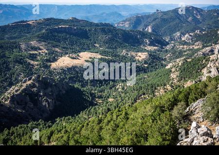 Vue imprenable sur la Sierra de Cazorla à Jaén, présentant des vallées verdoyantes et des montagnes escarpées sous un ciel bleu clair. Banque D'Images