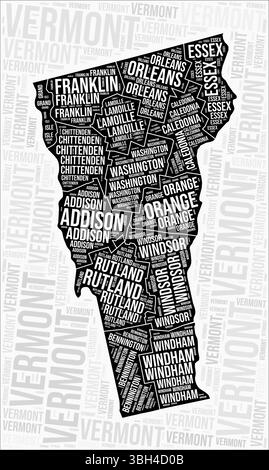 Nuage de mots cartographiques des comtés du Vermont. Noms des régions du Vermont. Conception de carte en noir et blanc. Illustration vectorielle étonnante. Illustration de Vecteur