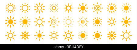 Icône soleil réglée. Logo Summer Day. Signes de temps ensoleillé en couleur jaune chaud. Symbole d'espoir. Label d'énergie solaire. Logotype d'ambiance de plage. Illustration vectorielle Illustration de Vecteur