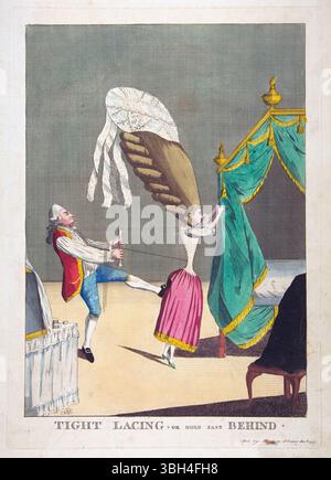 Une impression de laçage serré ou tenir vite derrière la gravure à l'aquarelle sur papier vintage 18ème siècle par Matthew Matthias Darly 1777 dessin animé d'art imprimé antique. Le tirage représente une femme portant un corset très serré et commente l'obsession sociétale de la mode, en particulier la pratique du laçage serré. L'image est une critique des tendances extrêmes de la mode de l'époque, soulignant les longueurs que les femmes ont parcourues à la recherche d'une silhouette élancée. Banque D'Images