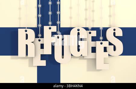 Image par rapport à la migration de l'Afrique à l'Union européenne. Texte réfugiés suspendu par des barbelés. Arrière-plan du pavillon de la Finlande Banque D'Images