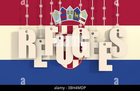 Image par rapport à la migration de l'Afrique à l'Union européenne. Texte réfugiés suspendu par des barbelés. Arrière-plan du pavillon de la Croatie Banque D'Images