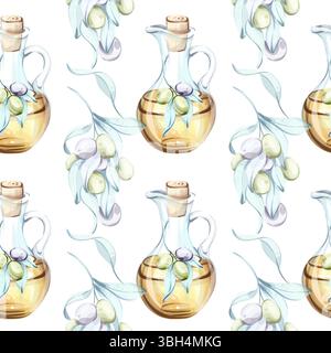 Modèle sans couture d'olives et d'huile d'olive dans la technique de l'aquarelle mettant en vedette des éléments de la cuisine italienne et de la nature pour fond élégant ou papier peint Illustration de Vecteur