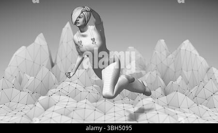 Low poly paysage montagneux. Pics de formes polygonales. 3d illustration. Fond mosaïque polygonales. Femme survolant le terrain en vêtements de travail. S Banque D'Images