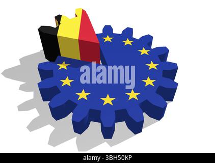Drapeau de l'Union européenne sur les engins et la Belgique comme partie intégrante de la roue dentée. Rendu 3D. Banque D'Images
