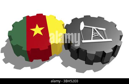Connexion des roues motrices. Icône de pompe à huile et drapeau du Cameroun sur les engrenages. Concept d'industrie lourde et minière. Rendu 3D. Banque D'Images