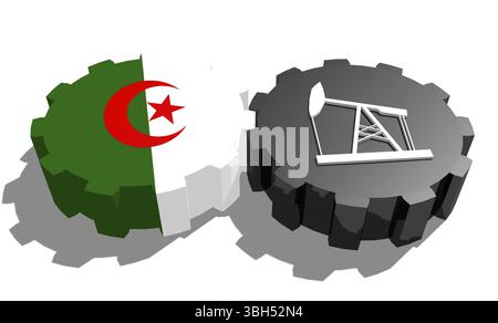 Connexion des roues motrices. Icône de pompe à huile et drapeau Algérie sur les engrenages. Concept d'industrie lourde et minière. Rendu 3D. Banque D'Images