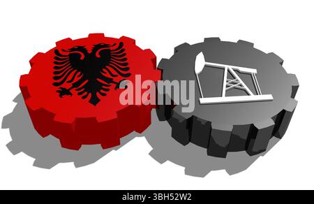 Connexion des roues motrices. Icône de pompe à huile et drapeau Albanie sur les engrenages. Concept d'industrie lourde et minière. Rendu 3D. Banque D'Images