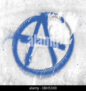 Symbole bleu de l'anarchie peint sur le vieux mur en pelage. Idéal pour les textures, les arrière-plans et les concepts Banque D'Images