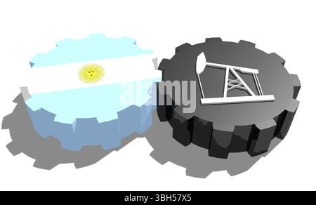 Connexion des roues motrices. Icône de pompe à huile et drapeau Argentine sur les engrenages. Concept d'industrie lourde et minière. Rendu 3D. Banque D'Images