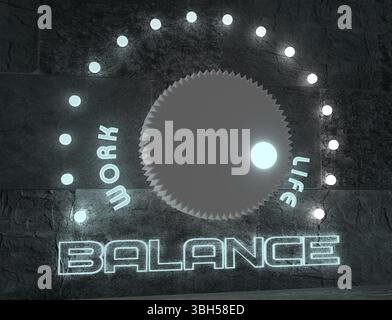 Équilibre ajustez entre le travail et la vie privée. régulateur avec échelle de brillance au néon. Rendu 3D. Banque D'Images