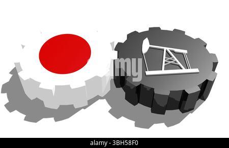 Connexion des roues motrices. Icône de pompe à huile et drapeau japonais sur les engrenages. Concept d'industrie lourde et minière. Rendu 3D. Banque D'Images