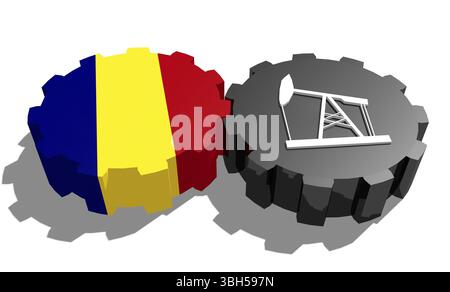Connexion des roues motrices. Icône de pompe à huile et drapeau Roumanie sur les engrenages. Concept d'industrie lourde et minière. Rendu 3D. Banque D'Images