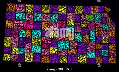 Nuages de mots des régions du Kansas. Design de style typographique lumineux sur un fond sombre. La région du Kansas nomme des nuages de balises. Forme de limite. Illustration de Vecteur