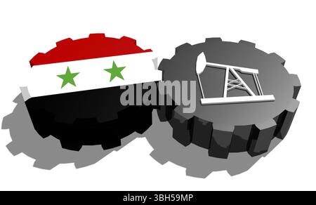 Connexion des roues motrices. Icône de pompe à huile et drapeau de Syrie sur les engrenages. Concept d'industrie lourde et minière. Rendu 3D. Banque D'Images