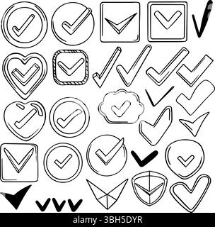 Icônes de jeu de vecteur de coche abstraite. Pointeurs grunge arrondis et courbes dessinés à la main. Encre isolée, lignes fines dessinées, éléments pour le design. Illustration de Vecteur