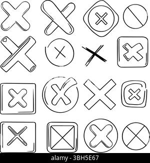 Icônes de jeu de vecteur de marque de croix abstraite. Pointeurs grunge arrondis et courbes dessinés à la main. Encre isolée, lignes fines dessinées, éléments pour le design. Illustration de Vecteur