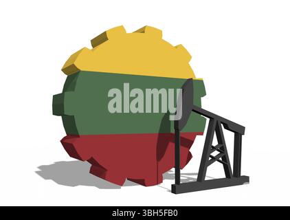 Roue COG avec pompe à huile texturée par le drapeau de la Lituanie. Concept d'industrie lourde et minière. Rendu 3D. Banque D'Images