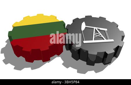 Connexion des roues motrices. Icône de pompe à huile et drapeau de Lituanie sur les engrenages. Concept d'industrie lourde et minière. Rendu 3D. Banque D'Images