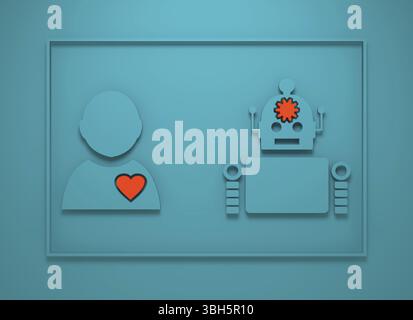 Humain et robotdiversité. Image relative de l'industrie robotique. Icône de coeur à l'intérieur de la silhouette de l'homme. Droïde cérébral à engrenages. Rendu 3D. Banque D'Images