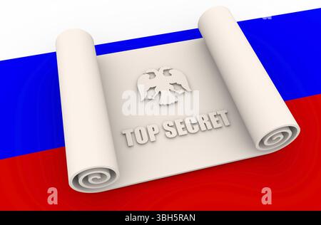 Texte top secret sur fond de rouleau de papier texturé par drapeau russe. Aigle russe à double tête. Résumé document confidentiel illustration 3D. Banque D'Images