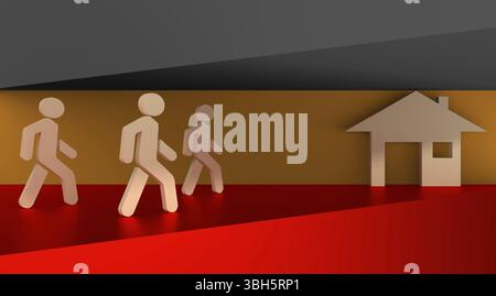 Image relative à la migration de l'afrique vers l'Union européenne. Les icônes réfugiés vont à l'icône de la maison. Fond du drapeau allemand Banque D'Images