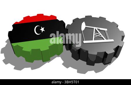 Connexion des roues motrices. Icône de pompe à huile et drapeau Libye sur les engrenages. Concept d'industrie lourde et minière. Rendu 3D. Banque D'Images
