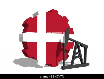 Roue COG avec pompe à huile texturée par le drapeau du Danemark. Concept d'industrie lourde et minière. Rendu 3D. Banque D'Images