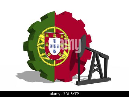 Roue COG avec pompe à huile texturée par le drapeau du Portugal. Concept d'industrie lourde et minière. Rendu 3D. Banque D'Images