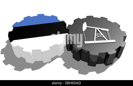 Connexion des roues motrices. Icône de pompe à huile et drapeau Estonie sur les engrenages. Concept d'industrie lourde et minière. Rendu 3D. Banque D'Images