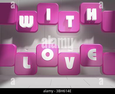 Contexte relatif à la Saint-Valentin. Avec texte d'amour sur des boîtes roses et blanches dans une pièce de béton vide. Rendu 3D. Banque D'Images
