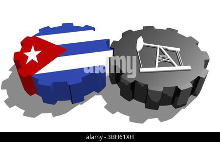 Connexion des roues motrices. Icône de pompe à huile et drapeau Cuba sur les engrenages. Concept d'industrie lourde et minière. Rendu 3D. Banque D'Images