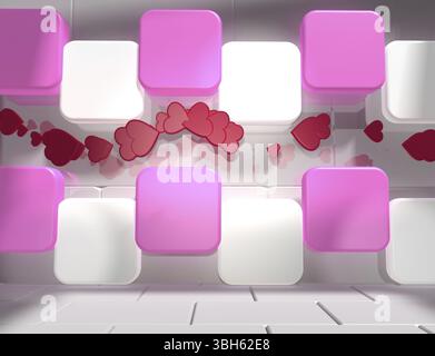 Contexte relatif à la Saint-Valentin. Icônes de coeurs entre les boîtes roses et blanches dans la salle de béton vide. Rendu 3D. Banque D'Images